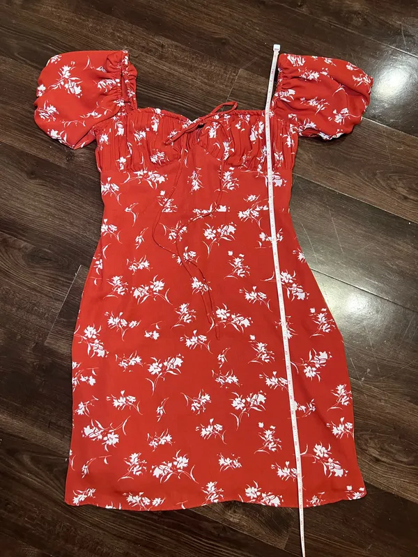 Simple Retro Floral Mini Dress Puff Sleeves Size Small - Image 4