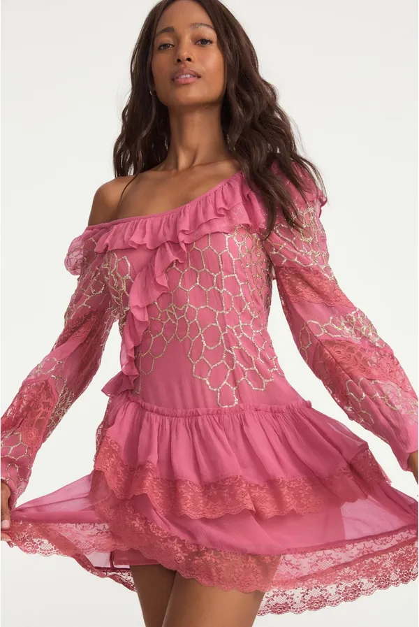Love Shack Fancy Pink, Ruffled Mini Dress | 2 | Lace, Sparkle - Image 2