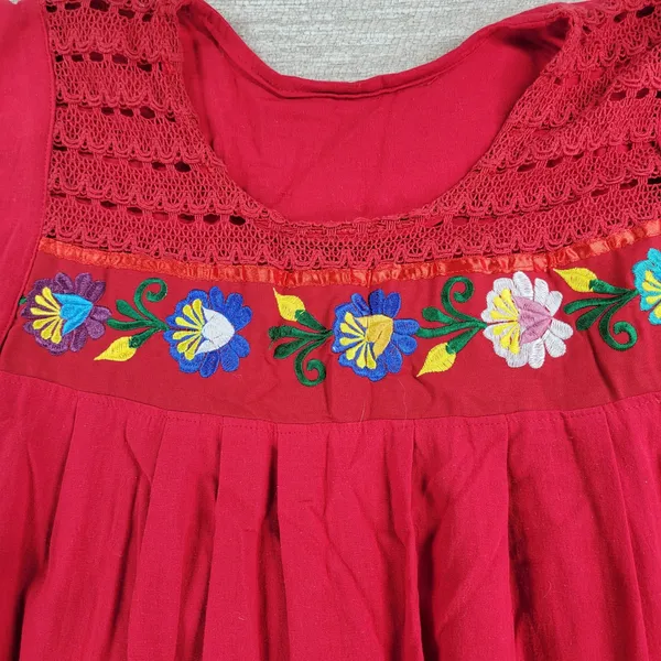 Handmade Mexican Dress M Red Embroidered Muumuu Floral Crochet Boho Hippie Midi - Image 5