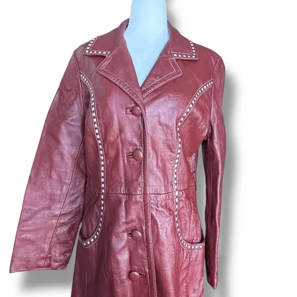 Vintage 70s Burgundy Leather Longline Trench Coat White Whipstitch Western Ranch - Image 5