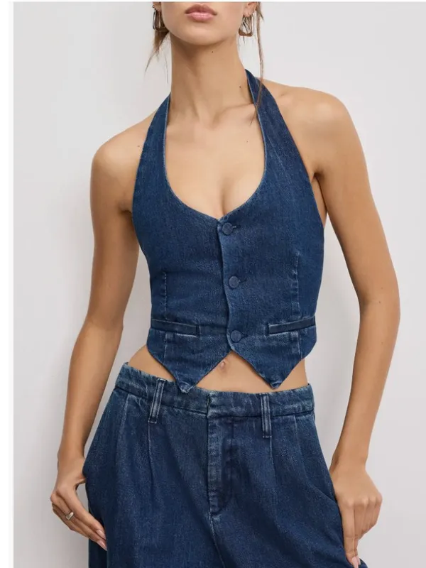 NWT Good American Denim Halter Vest Large, INDIGO724 - Image 2