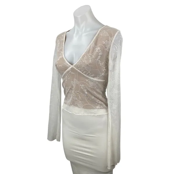 I.AM.GIA Yvette White Beige Floral Lace Layered Long Sleeve V Neck Blouse Top S - Image 3