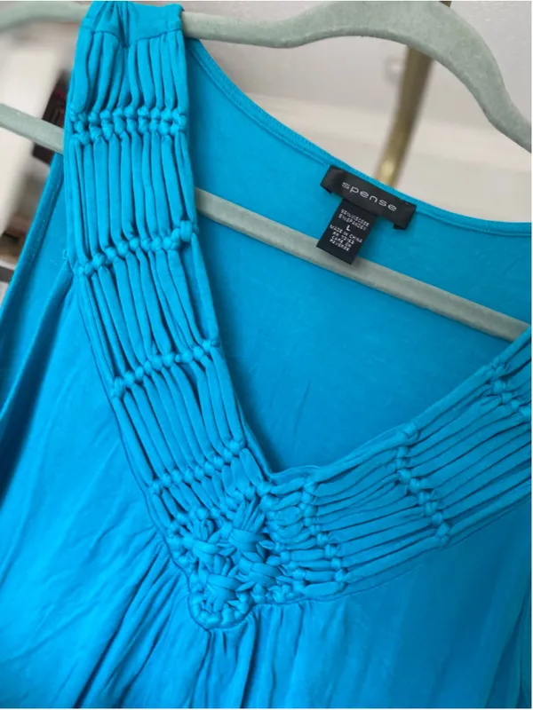 Spense Knee Length Swing Dress Turquoise Macramed Neckline Boho Resort Coastal - Image 4