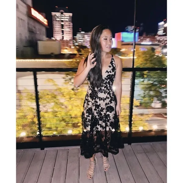 DRESS THE POPULATION Audrey Embroidered Fit & Flare Dress Black/Nude Size Small - Image 2