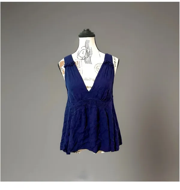 Maeve Anthropologie Navy Blue Boho Tank Top Plunge V Neck Smocked Cinch Small - Image 2