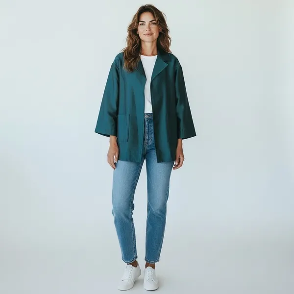 ST. JOHN COUTURE Sharkskin Silk Wool Blend Teal Open Front Jacket Blazer Size 8 - Image 13