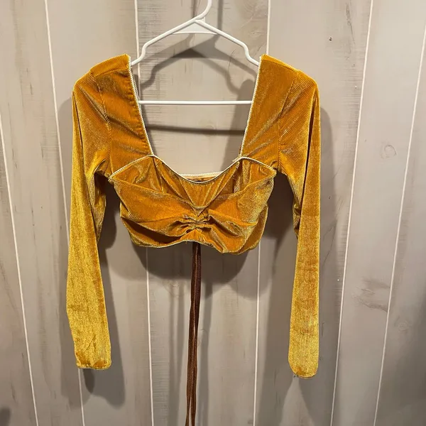 Cute golden ribbed corduroy stretchy cinched tie long sleeve crop top Cider - Image 4
