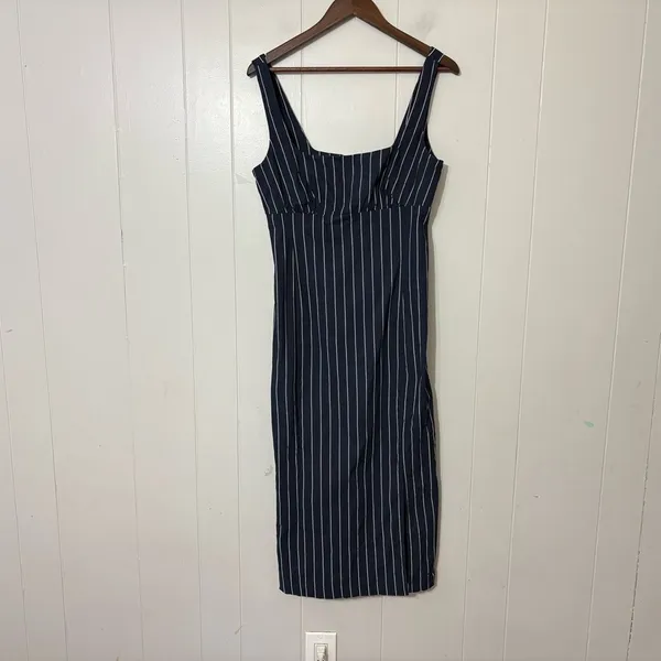 By Anthropologie Pinstripe Midi Dress Size M Navy Square Neck Side Slit - Image 4