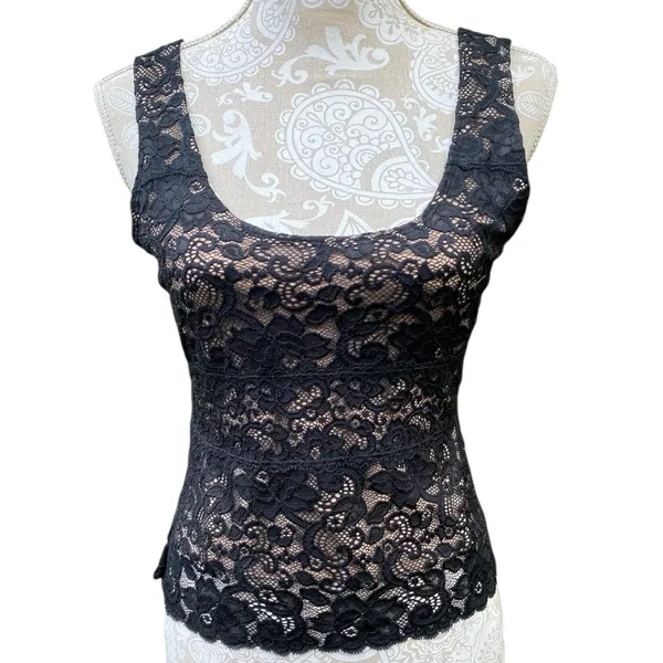 Hanky Panky 90s Y2K Vintage Tank Top Black Lace Nude Mesh Boho Fairy Grunge Whimsigoth Sz M - Image 3
