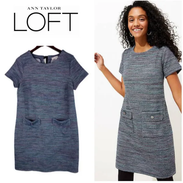 LOFT Blue Multi Tweed Sheath Dress Short Sleeve Pockets Size 0 - Image 2