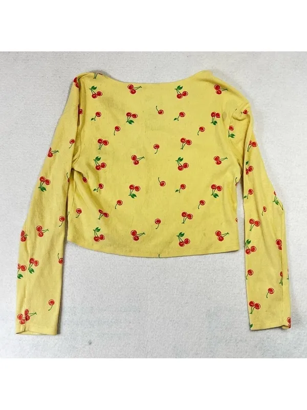 Hello Kitty Cardigan Sz M Yellow Ribbed Baby Doll Cropped Long Sleeve Button up - Image 6