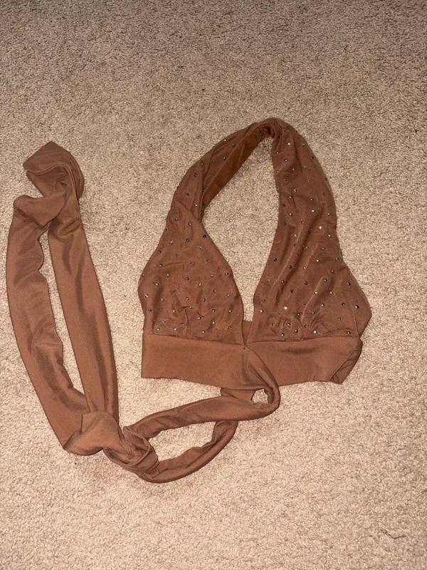Boutique Cropped Rhinestone Tie Top Brown - Image 2