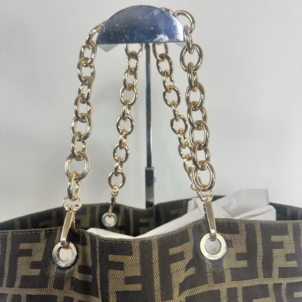 Fendi Vintage Zucca Tote Bag Womens Large Brown Canvas Leather Chain Strap Italy - Image 12
