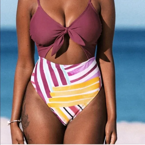 NWT Cupshe Cutout Knot One Piece Swimsuit Multicolor High Waist Size Small - Image 3