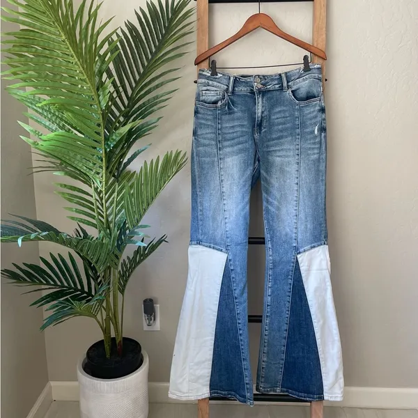 High Rise Wide Leg Multicolor Denim Flare Boutique Jeans - Image 2