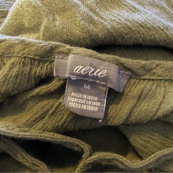 Aerie Peasant Mini Dress Boho Bell Sleeve Lace Trim Olive M - Image 3