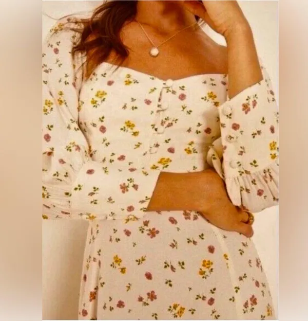 Reformation Cream Floral Long Sleeve Dress - Image 4