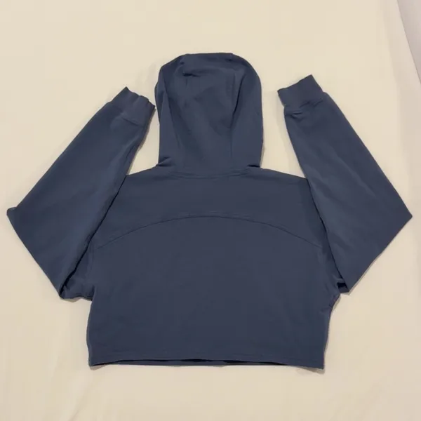 Womens Blue Solid Cropped Pullover Hoodie Sweatshirt Hooded Long Sleeve - Image 3