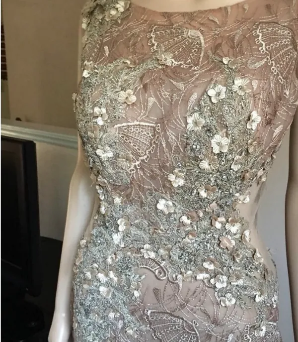 Embellished Taupe Evening Gown - Elegant Lace & Beaded dress - Image 9