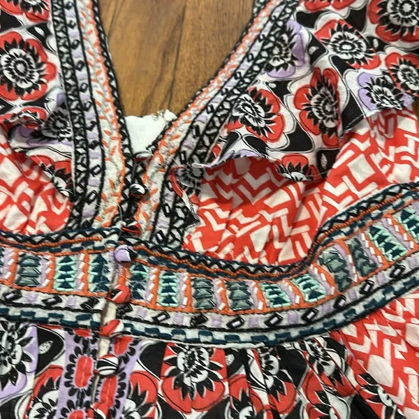 Anthropologie Beaded embroidered Bohemian Floral Print mini dress cotton 12 - Image 3