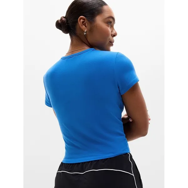 Athleta Renew Ribbed Cropped Tee Blue Short Sleeve‎ Crew Neck Yoga Top Large - Image 2