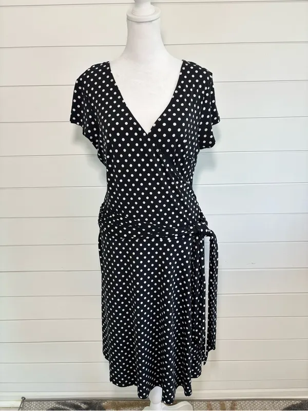 AB‎ Studio Black and White Polka Dot Wrap Midi Dress Size L - Image 2