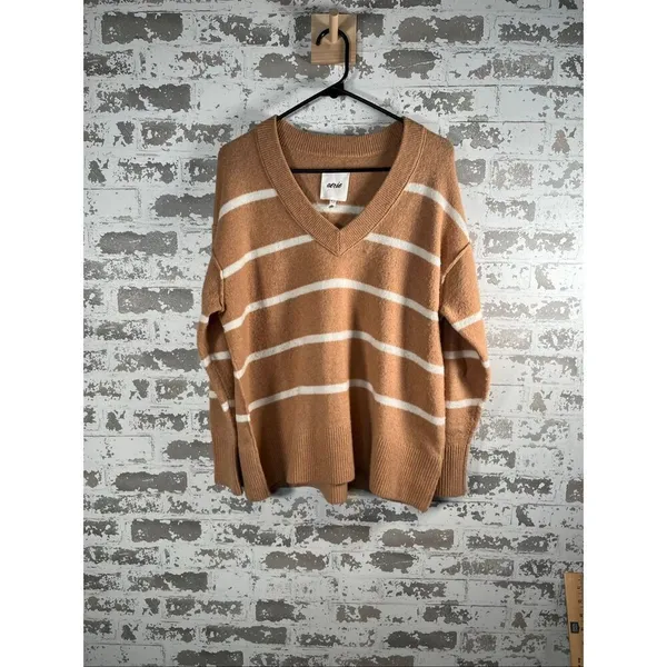 Aerie | women tan cream striped vneck sweater - Image 9