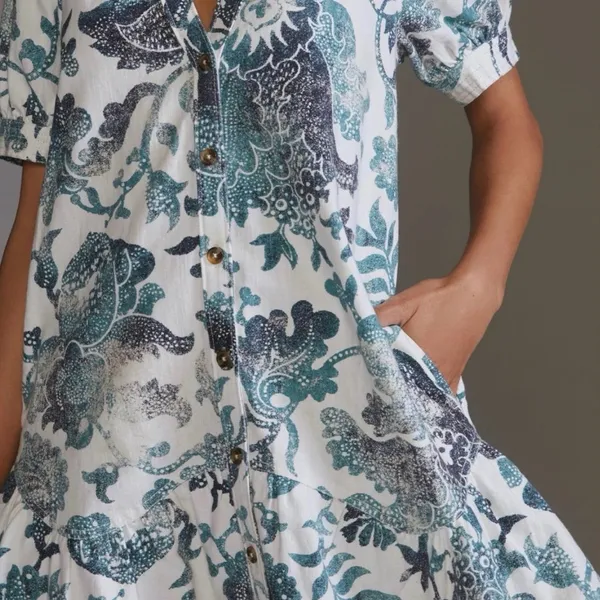Anthropologie Pilcro Linen Blend Puff Sleeve Tunic Dress Womens Small White/Blue - Image 3