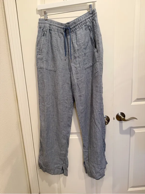 ATHLETA Retreat Linen High Rise Wide Leg Pant Blue Chambray Drawstring 8 Tall - Image 2