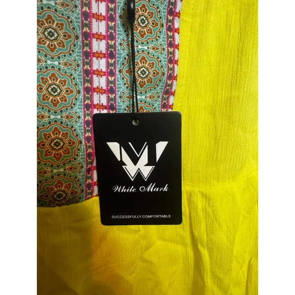 White Mark Yellow Embroidered Tunic Dress L Boho Kimono Sleeve Beach Coverup - Image 10