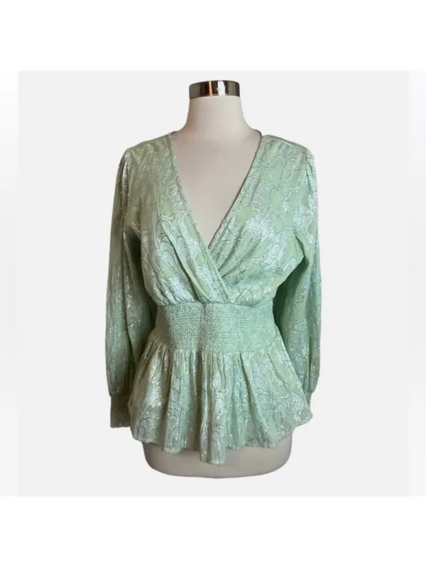 $118 Roller Rabbit Top Mint Green Metallic Jacquard V Neck Long Sleeve S - Image 3