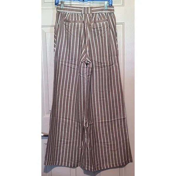 Chaser Women's Striped Tan‎ White Blue Wide Leg Pull-on Belted Pants Size S - Image 2