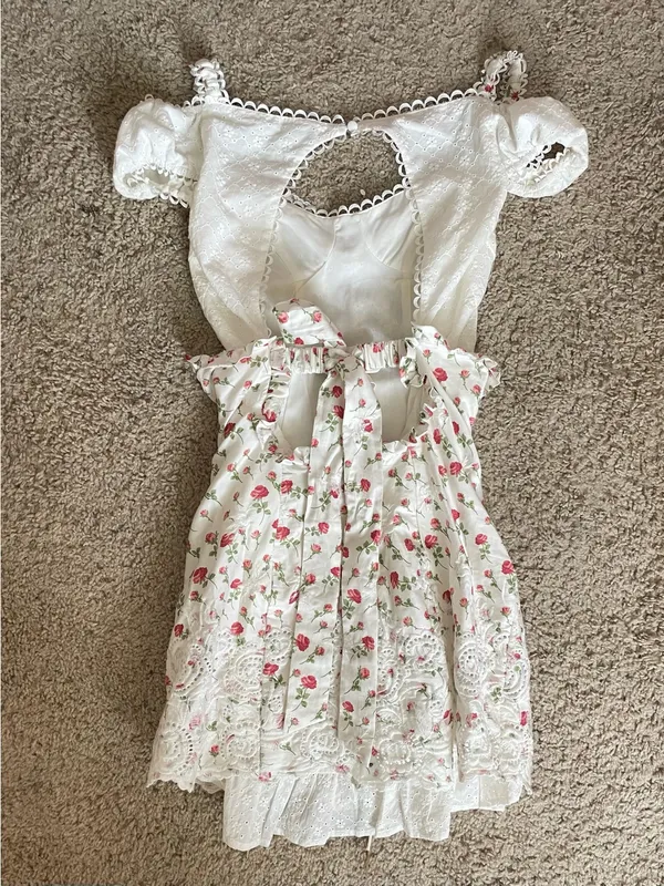 For Love & Lemons Baela Lace-Up Bustier Rose Floral Eyelet Mini Dress in XS - Image 8
