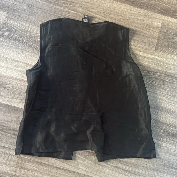 Eileen Fisher Black Sleeveless Top Medium Linen Silk Button Down Sheer Blouse - Image 2