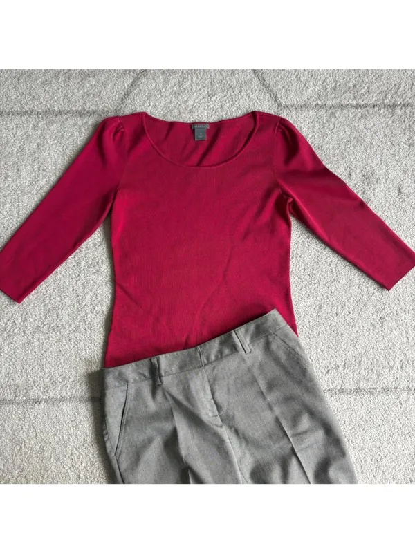Ann Taylor Top Small Raspberry Pink 3/4 Sleeve Scoop Neck Knit Puff Shoulder - Image 7