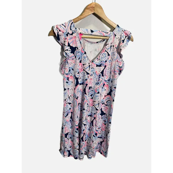 Lilly Pulitzer Dani Dress Womens XS Navy Pink High Tide Ruffle Shift Resort Wear - Image 6