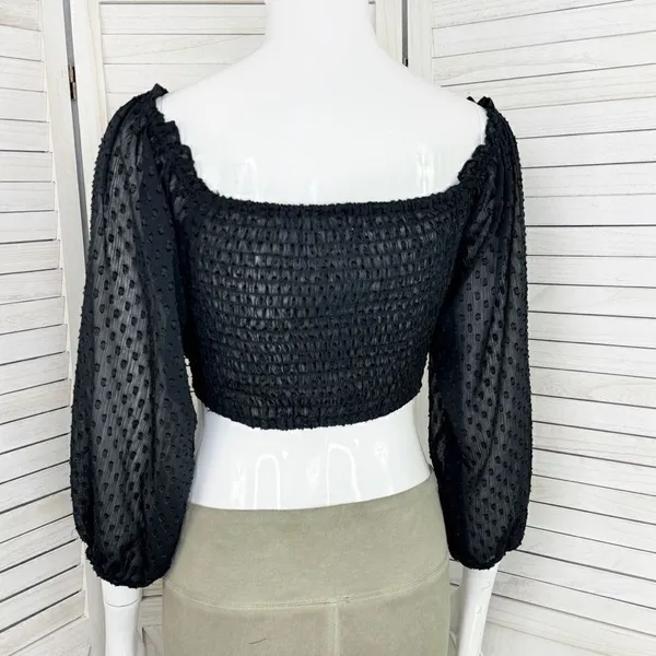 Aeropostale Clip Dot Lace Up Off The‎ Shoulder Crop Top Black Medium Sheer Indie - Image 6