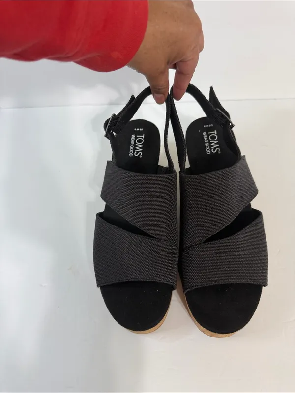 Toms Black Fabric Cork Wedge Sandals with Slingback - Image 10