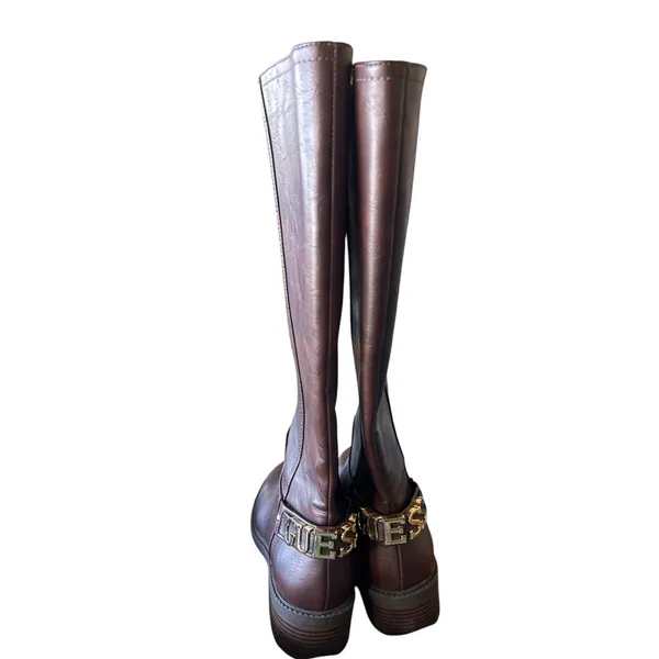 NEW GUESS padmaa riding boots Gold Spell Out Logo Chocolate Brown 8 - Image 9