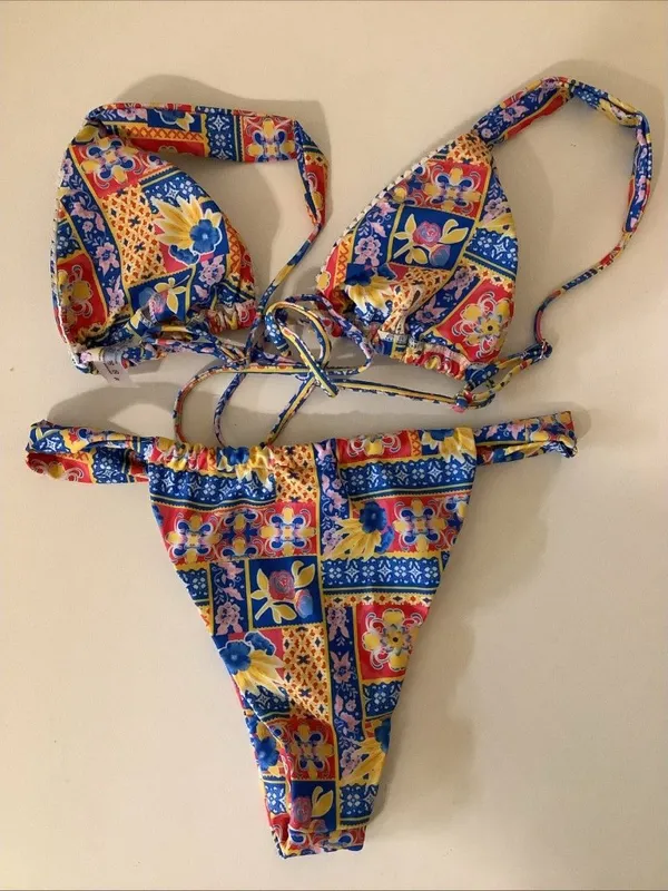 Women's Brazilian Cut Size Medium Bikini - Colorful Multi Color Floral Print. - Image 5