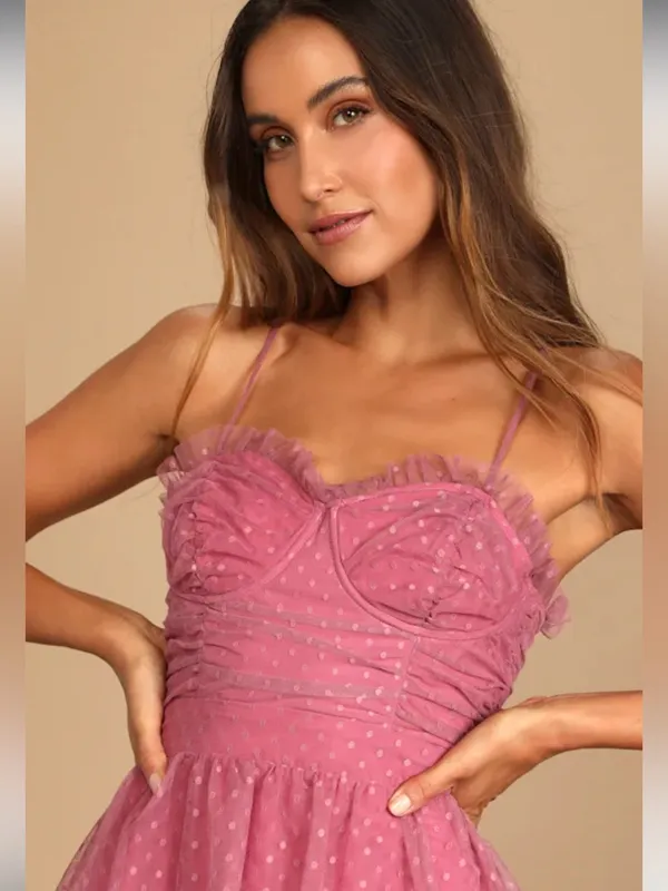 Lulu's Sweetheart Style Mauve Polka Dot Bustier Tiered Midi Dress Size S - Image 3