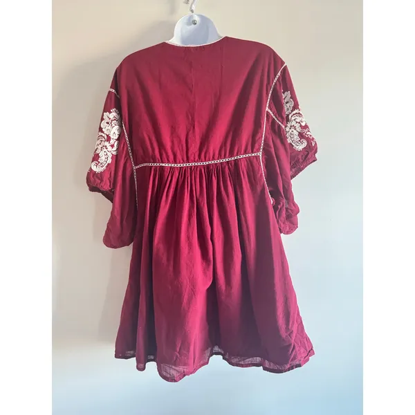 St. Roche Boho‎ Peasant Tunic Dress M Burgundy Embroidered Organic Cotton India - Image 2