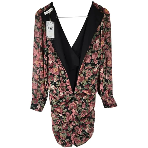 MNG Mango Women's Floral Long Sleeve‎ Mini Dress Ruched Bodycon V Neck - Image 3