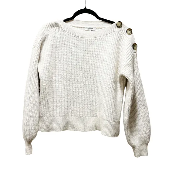 Madewell Boatneck Button Shoulder Sweater White Ribbed Knit Size Small - Image 3