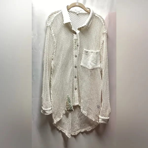 Pol open crochet Button down boho shacket Antique white. Size Medium - Image 10