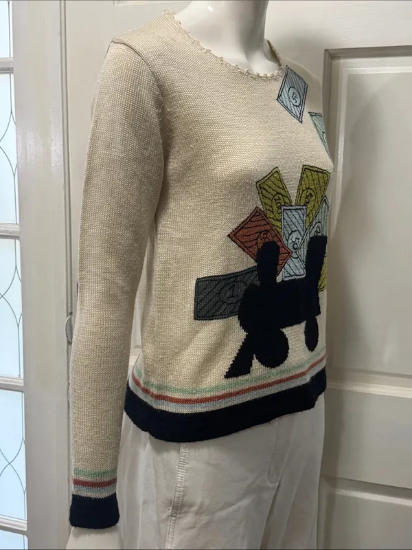 Vintage Unbranded Cotton Cream Graphic Crewneck Sweater Size Large - Image 8