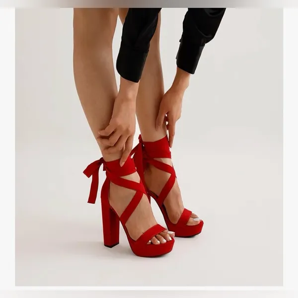 NEW Red High Heels Chunky Block Platform Heels Strappy Gladiator 8 - Image 8