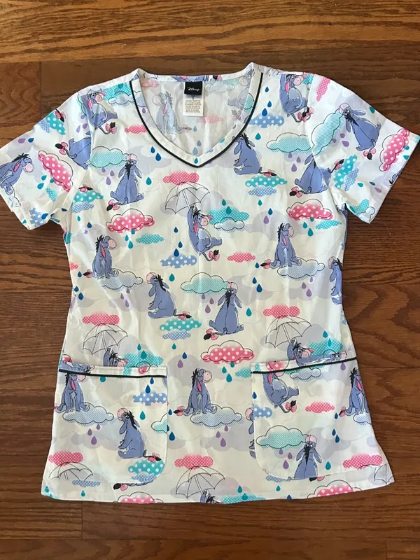 Disney Eeyore Sunshower Womens Scrub Top V-Neck Short Sleeve Pockets Size Small - Image 3