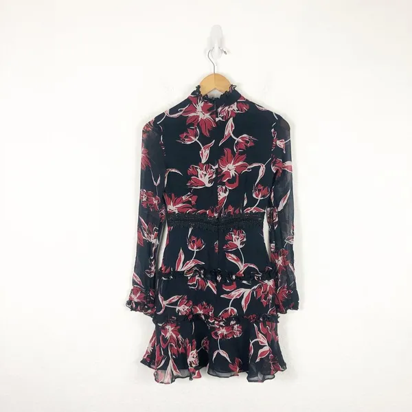 Nicholas French Floral Mini Dress Size 2 Silk Long Sleeve Ruffle Aline High Neck - Image 14