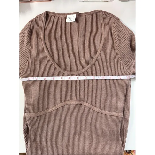 Abercrombie &‎ Fitch Ribbed Scoop Neck Mini Dress Mauve Brown Long Sleeve MP - Image 7